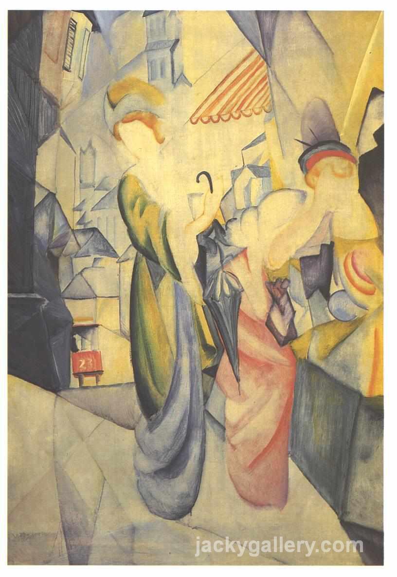 Bright woman in front of a hat store, August Macke painting
